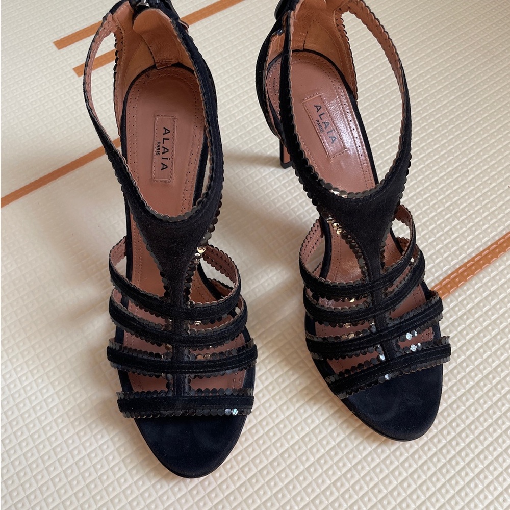 Alaia Black Strappy Heels with Cage Design